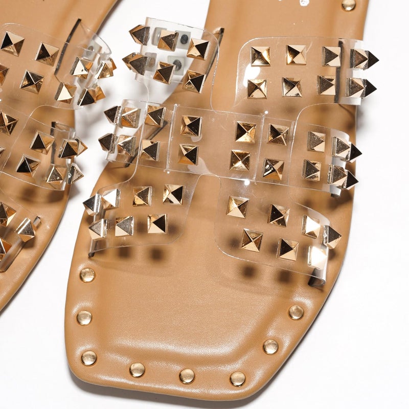 Cape Robbin Women's Gold Spike Studded Slide Sandals - Open Toe Slip On Lightweight Comfort for Beach Pool (Amisha) - Clear Size 6 - Image 4